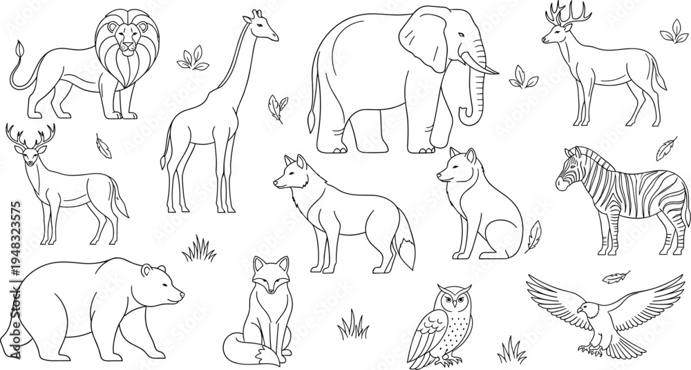 Fototapeta premium Wild Animals Outline Vector Illustration Set Featuring Lion, Giraffe, Elephant, Deer, Wolf, Fox, Zebra, Bear, Owl, and Eagle for Coloring Pages.