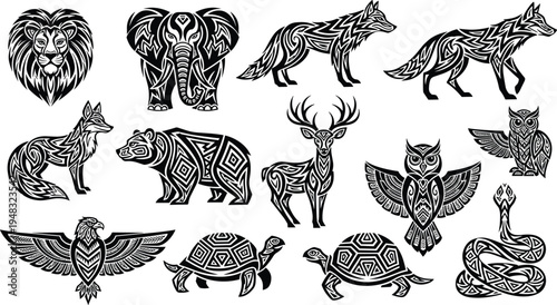 Tribal Animal Vector Illustration Set Featuring Lion, Elephant, Wolf, Bear, Deer, Owl, Eagle, Turtle, and Snake in Decorative Tattoo Style Designs.