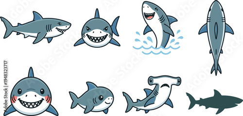 Flat Vector Set Shark Illustration Bundle Ocean Animal Marine Life Collection Isolated White