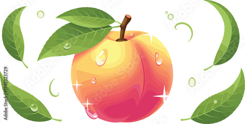 Fresh red apple with green leaves and water droplets healthy organic fruit vector illustration