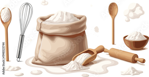 Flour bag with baking utensils whisk rolling pin spoon and bowl realistic bakery ingredients vector illustration