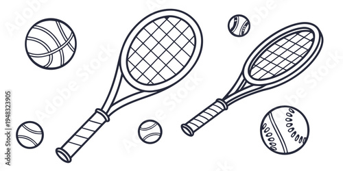 Tennis and baseball rackets with balls Vector