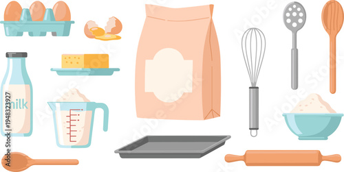 Baking ingredients and kitchen utensils set with flour bag eggs milk whisk rolling pin and baking tray vector illustration