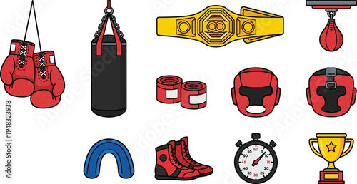 Flat Vector Set Boxing Elements Illustration Sports Equipment Collection Isolated White