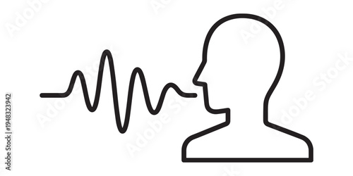 Minimalist Black Outline Illustration of a Human Profile with a Sound Wave Symbol Representing Voice Recognition, Speech, and Audio Communication.