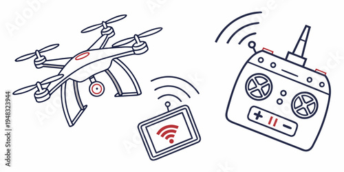 a drone with a remote control and a smartphone Vector