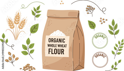 Organic whole wheat flour bag with grains leaves and natural bakery ingredients healthy food vector illustration