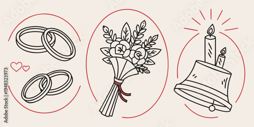 wedding rings bouquet and church Vector