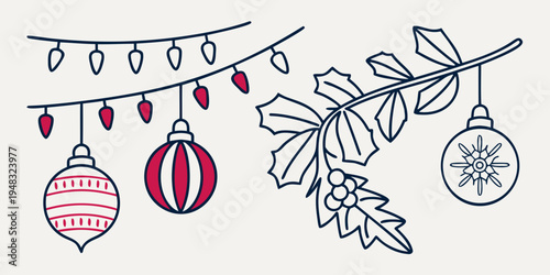 christmas ornaments and lights on a string Vector