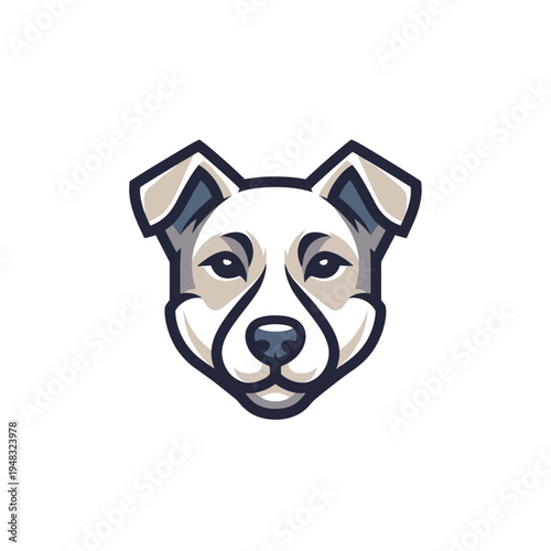 A stylized illustration of a white dog's head with alert ears and a serious expression.