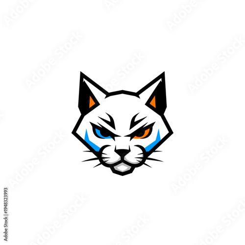 Stylized white cat head logo with one blue and one orange eye, featuring sharp, angular lines and an intense expression, suitable for gaming or esports branding.