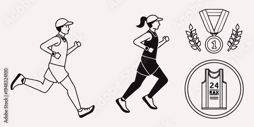 a man and a woman running with a medal and a trophy Vector