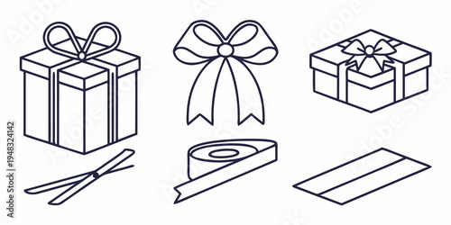 a set of gift wrapping items including boxes and ribbons Vector