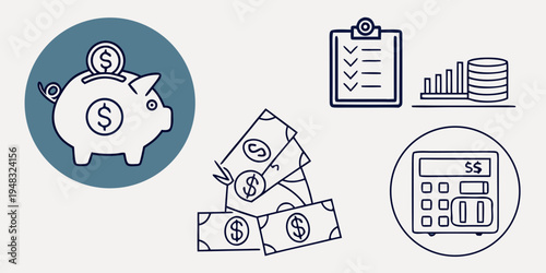 Financial icons including piggy bank and money Vector