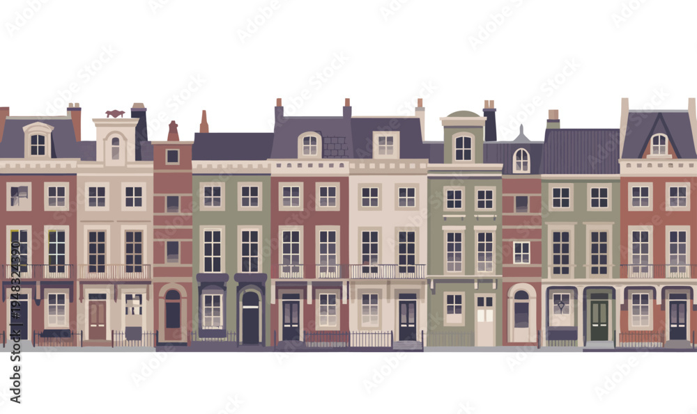 Obraz premium Colorful cartoon townhouses with various architectural styles stand in a horizontal.
