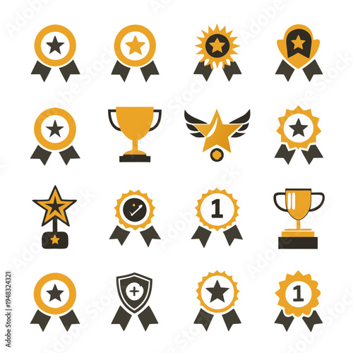 Icon set representing achievements and success, flat vector style
