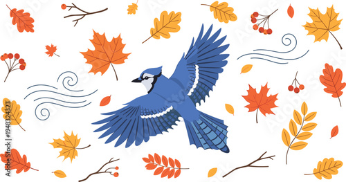 Blue jay bird flying among autumn leaves branches and wind swirls colorful fall nature vector illustration