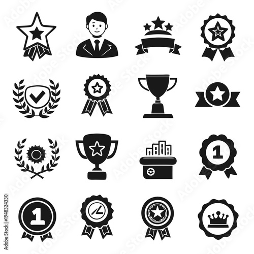 Black and white achievement icons for business success