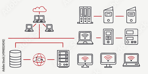 a diagram showing a network of computer devices connected to a central server Vector