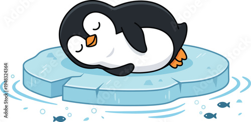 Flat Vector Cute Penguin Sleeping Ice Floe Arctic Animal Winter Illustration White