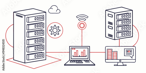 a diagram showing a computer network with servers and a laptop Vector