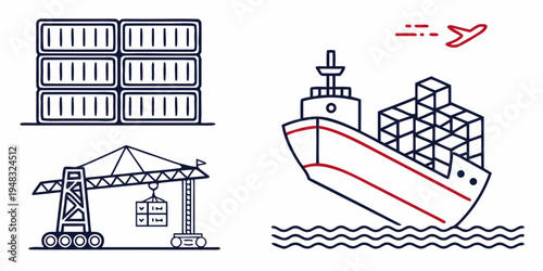 cargo ship with containers and industrial port equipment Vector