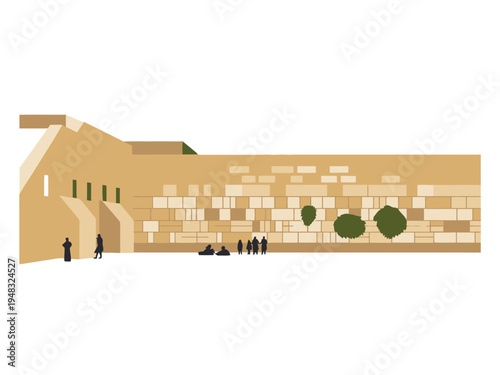 Wailing Wall depiction shows worshippers gathered near the large ancient stone.