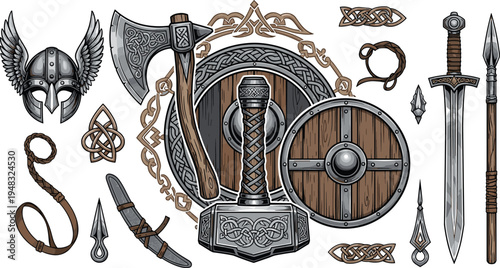 Viking warrior weapons set with Thor hammer axe sword shield helmet and Nordic ornaments medieval mythology vector illustration