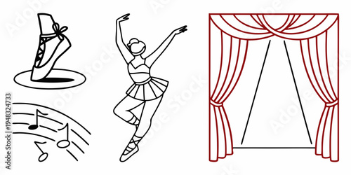 a ballet dancer in various poses and a stage curtain Vector