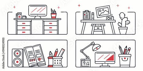 four different workstation setups with office supplies Vector