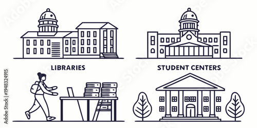 four different types of university buildings and student scenes Vector