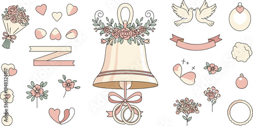 Romantic wedding bell with flowers hearts doves ribbons and decorative elements elegant love celebration vector illustration set