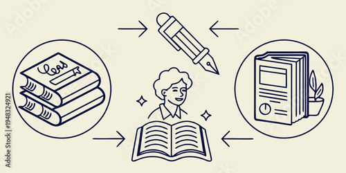 a person reading a book with books and computer icons Vector