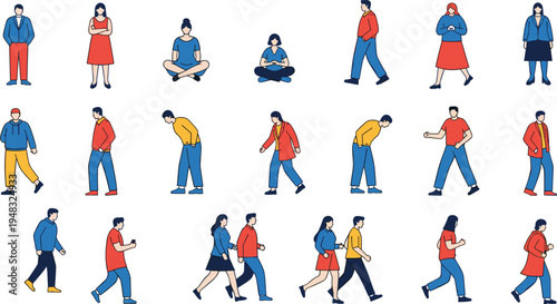 Illustration of diverse people in casual clothing, standing, walking, sitting, and using mobile devices, showcasing modern lifestyle, social interaction, and everyday human postures.