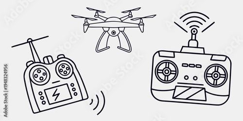 a drawing of remote controllers and a drone Vector