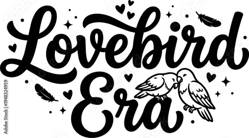 Black and white vector art with lovebird couple kissing nestled in elegant script lettering and decorative feathers and hearts