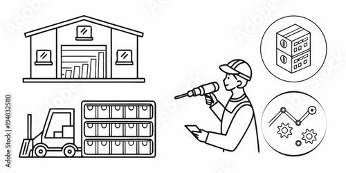 construction worker with drill and warehouse background Vector