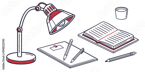 a desk lamp, notebook, and pens on a table Vector