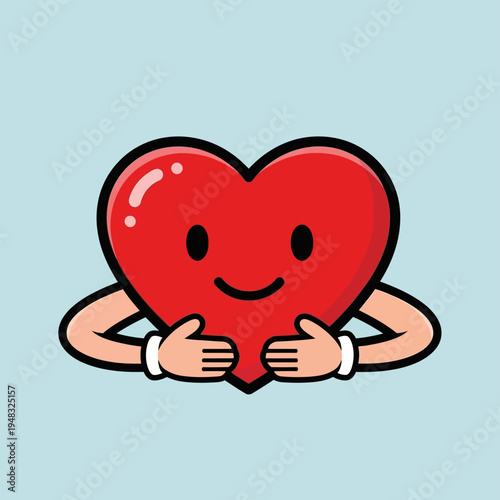 Cute Red Heart Character with Arms Hugging Itself.