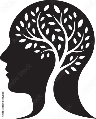 Human Head With Growing Tree Mental Health Vector Silhouette