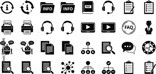 Customer support and information desk icon set with FAQ, chatbot, help desk, technical guide, video tutorial, and office document symbols.