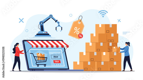 E-commerce logistics and automation concept with robotic arm laptop shop and various stacks of delivery boxes for distribution.