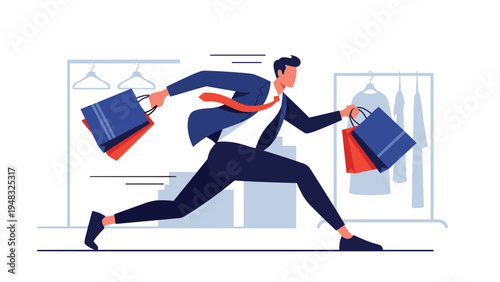 Fast fashion shopping concept showing a businessman running with bags in front of clothing rack silhouettes and retail store.