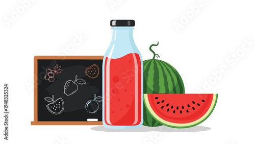Healthy lifestyle concept featuring fresh red watermelon juice in a glass bottle with whole and sliced fruit on white background.