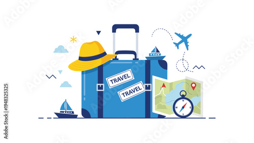 Travel and vacation planning concept featuring suitcase, map, compass, hat, and transportation icons for summer holiday preparation.