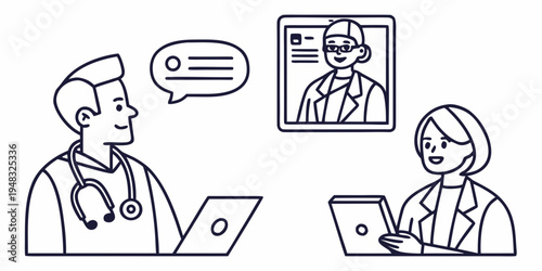 doctor and nurse consulting with a third doctor on a video call Vector