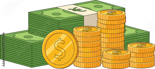 Stack of Gold Coins and Dollar Banknotes Cash Money Concept for Finance, Investment, Savings, Wealth Growth and Business Profit Vector Illustration