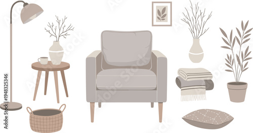 Minimalist living room interior with comfortable armchair floor lamp side table plants basket and cozy home decor vector illustration`