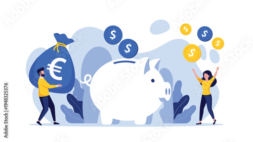 Saving and investment concept with characters celebrating around a large piggy bank and money bags of currency for the future.