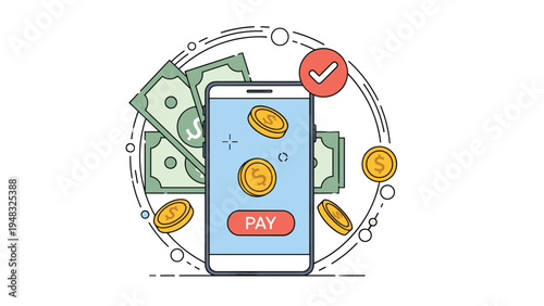 Mobile payment illustration showing a smartphone with a pay button surrounded by flying coins and dollar bills for banking.